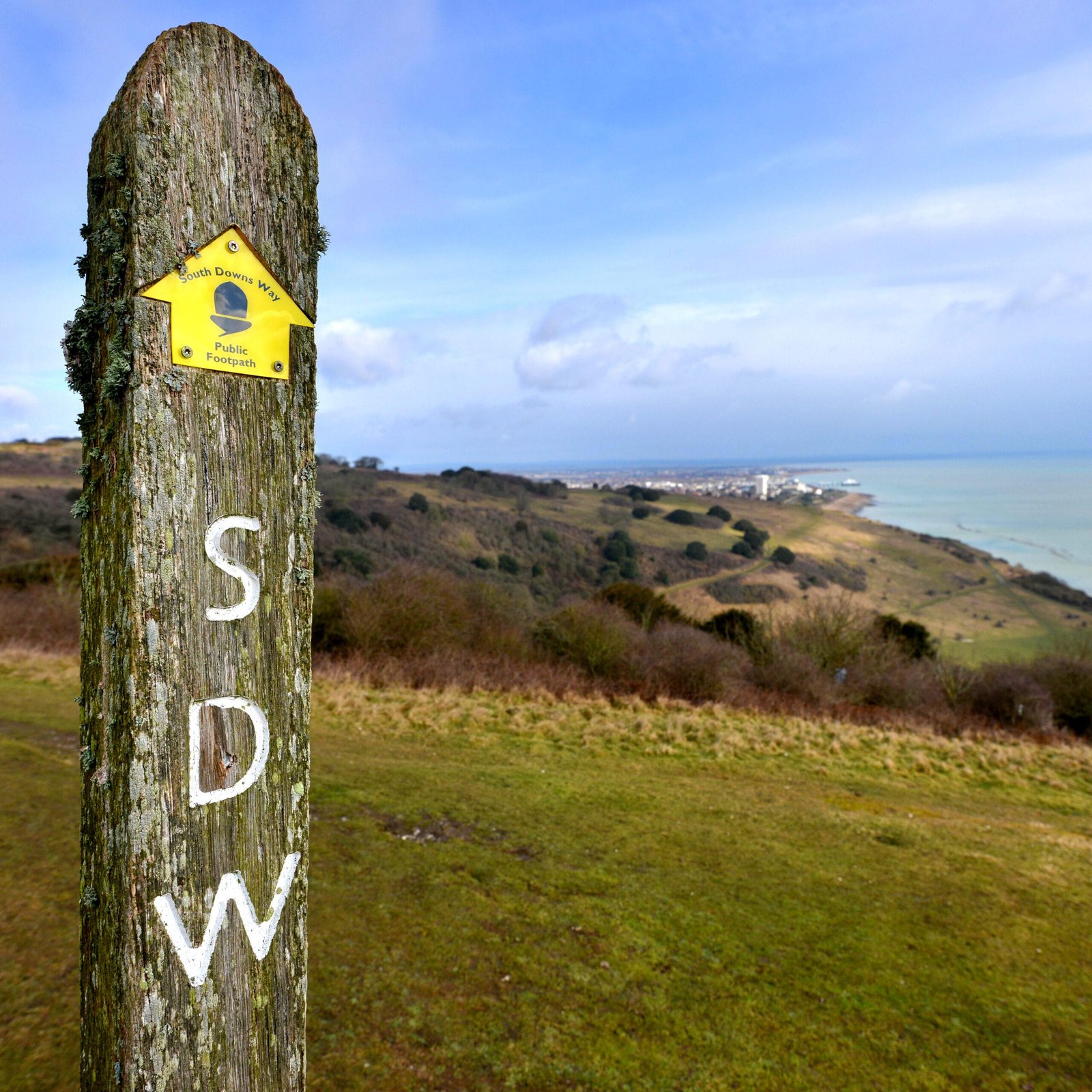 South Downs Way signpost showing Eastbourne, the end point of the trail,